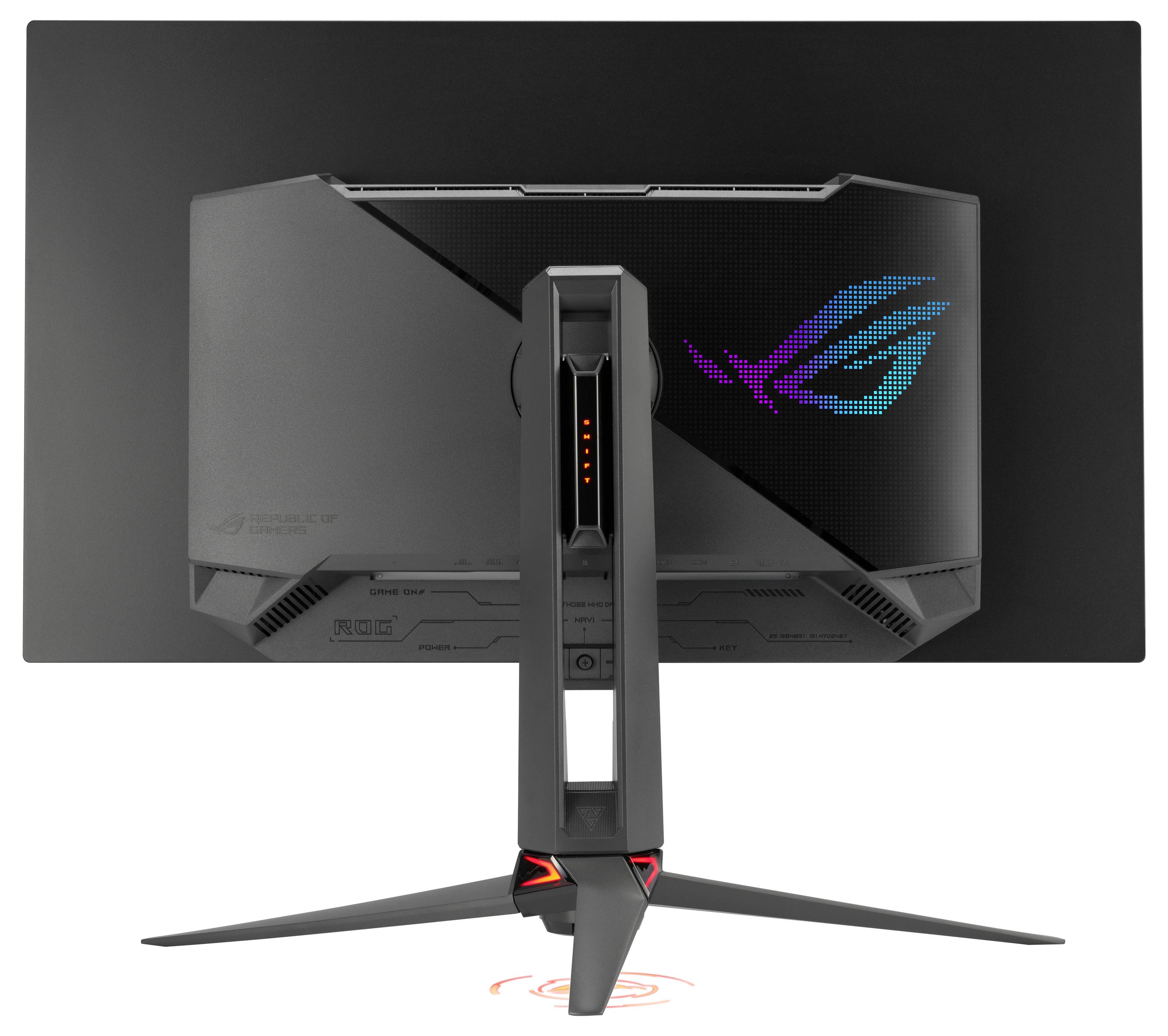 Een achteraanzicht van een gamingmonitor met standaard en RGB-verlichting die het ROG-logo weergeeft. De basis projecteert een rood verlicht symbool op het oppervlak.