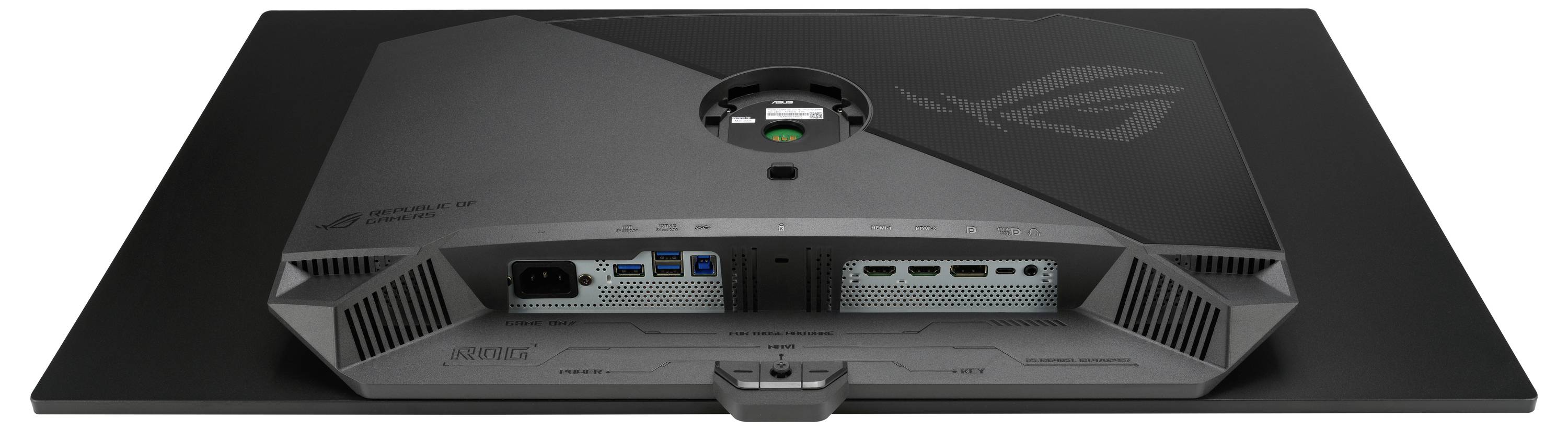 Achteraanzicht van een gamingmonitor met logo, verschillende poorten en ventilatieontwerp, waarbij connectiviteitsopties en koelfuncties worden getoond.