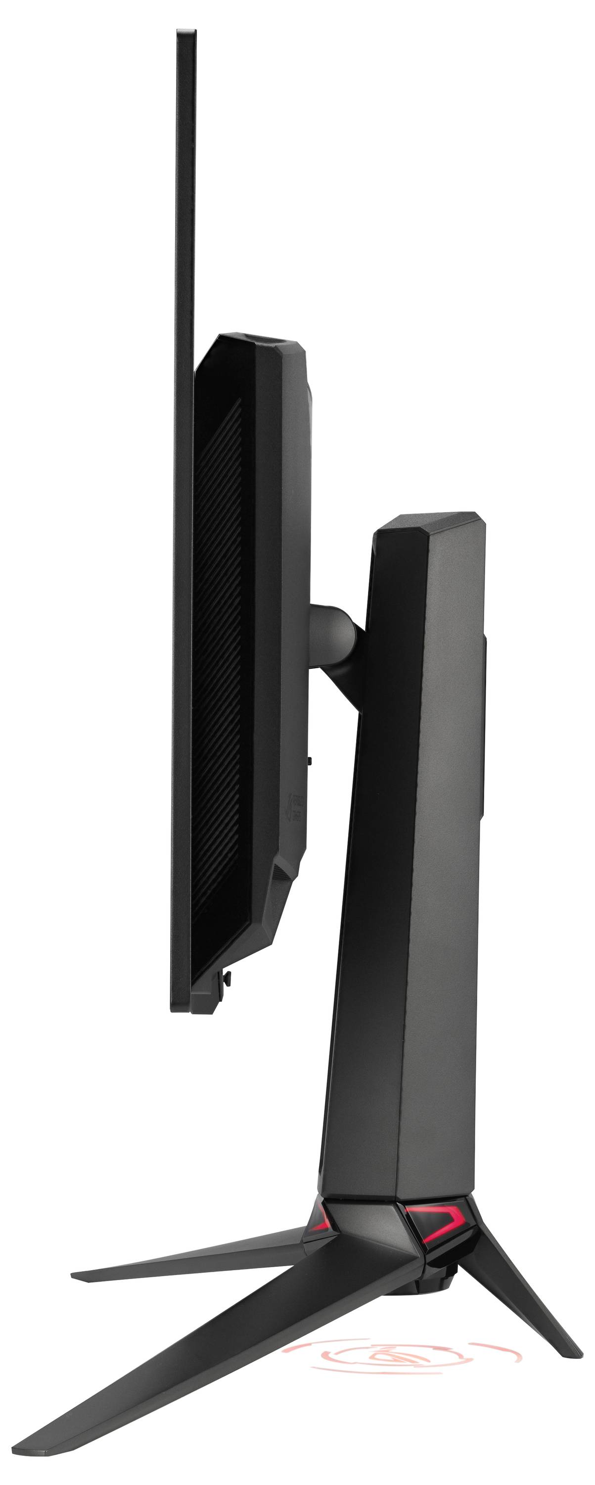 Een elegante, moderne gaminig-monitor met het 'ROG'-logo op het scherm, geplaatst tegen een gestileerde, futuristische achtergrond.