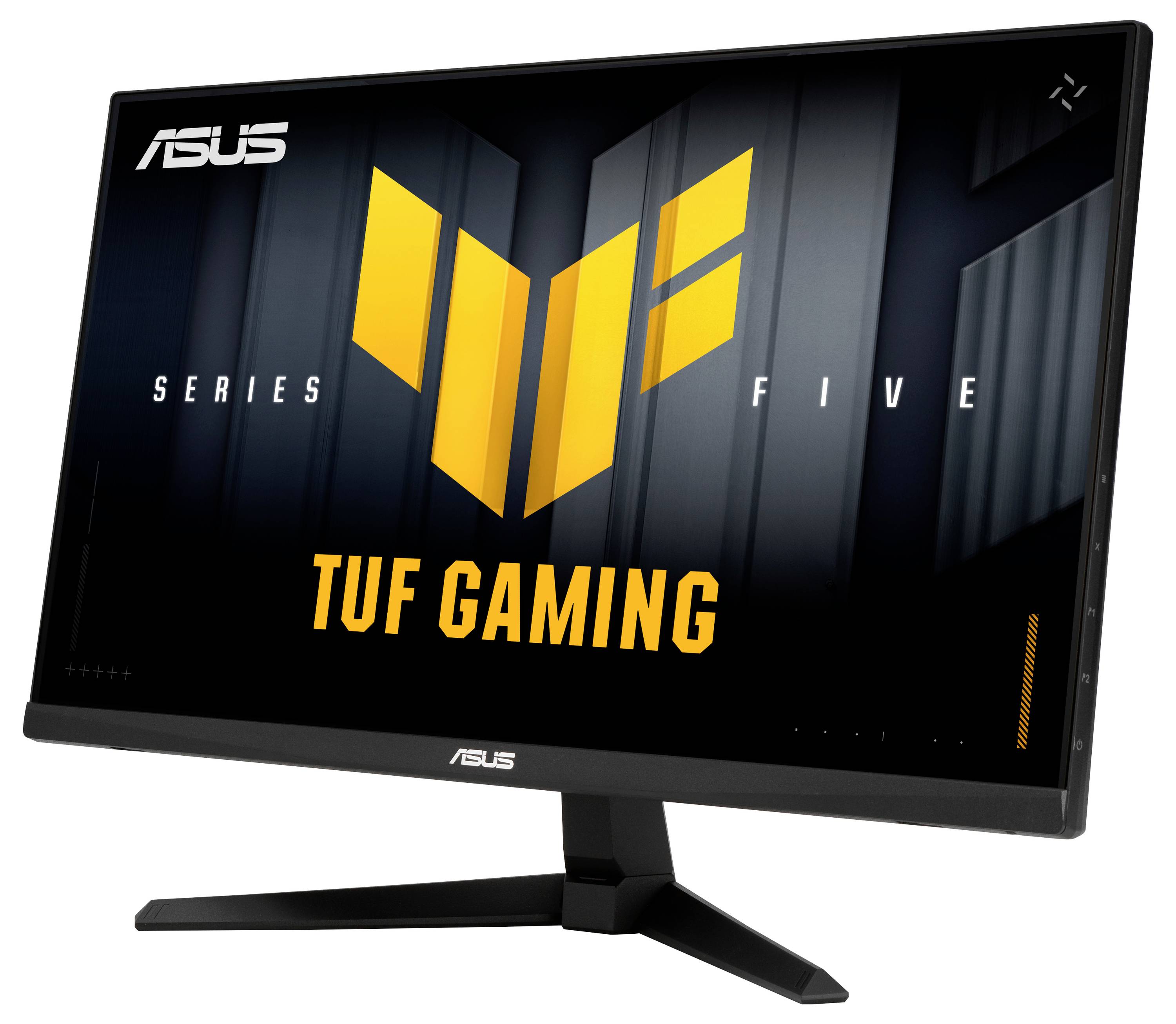 'ASUS TUF Gaming Series Five' monitor, met een strak design met hoekige standaard en vetgedrukte gele graphics op een zwart scherm.