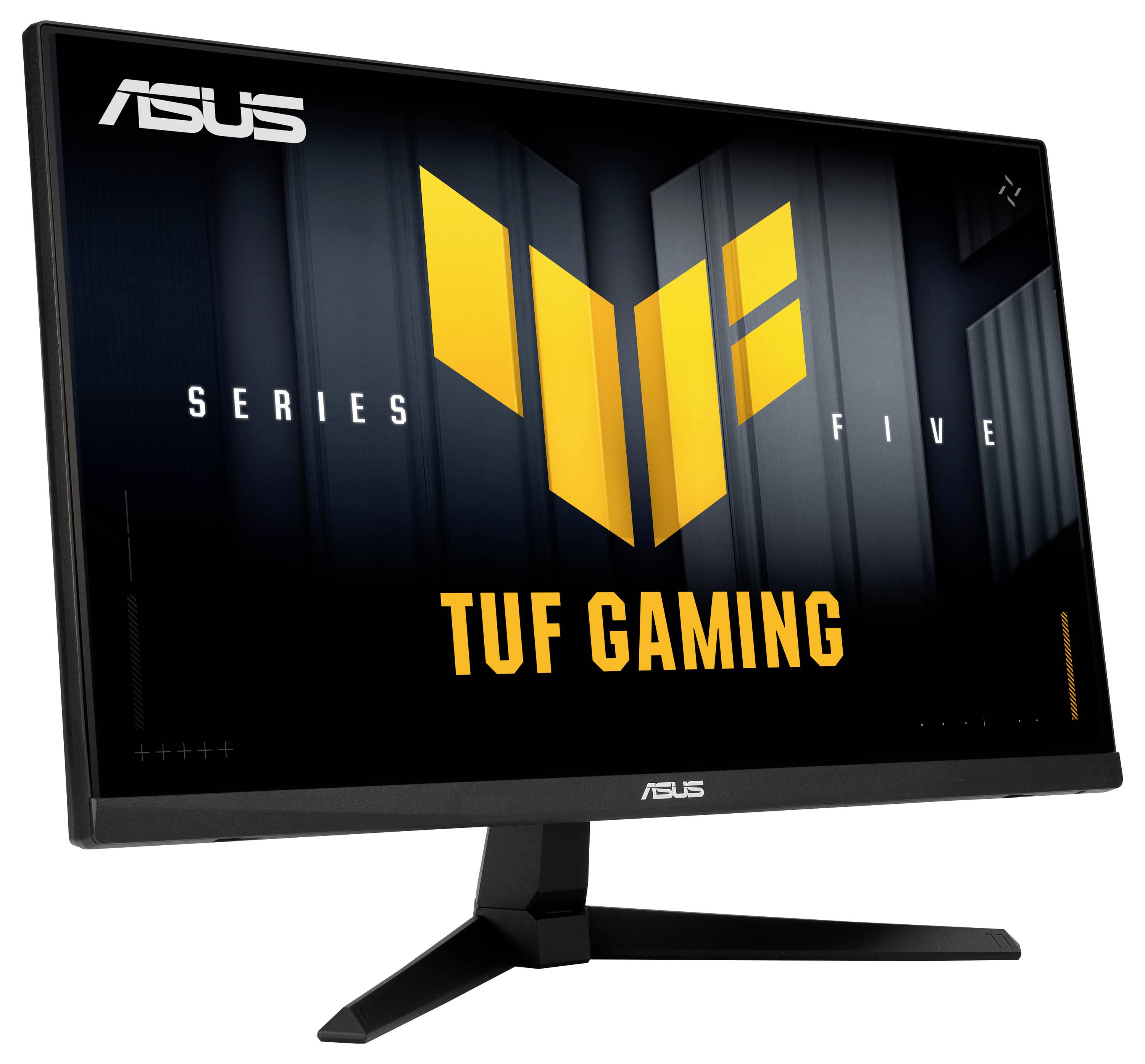 Een computermonitor die het logo van de 'ASUS TUF Gaming Series Five' op het scherm weergeeft, waarbij de identiteit van het gamingmerk wordt benadrukt.