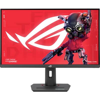 Een gamingmonitor toont een rode achtergrond met een futuristisch personage dat een wapen vasthoudt. De tekst luidt 'Voor wie het durft'.