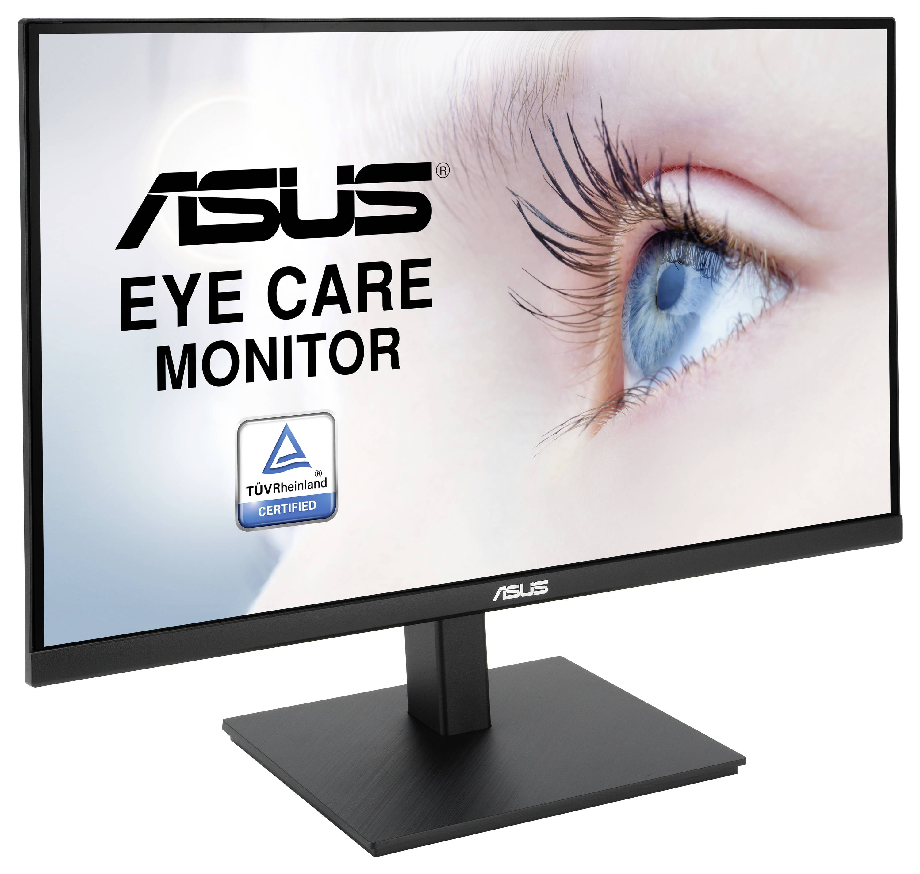 ASUS Oogverzorgingsmonitor met blauwe lichtfiltercertificering weergegeven op het scherm, met een close-up van een oog om de visuele comfortfuncties te benadrukken.