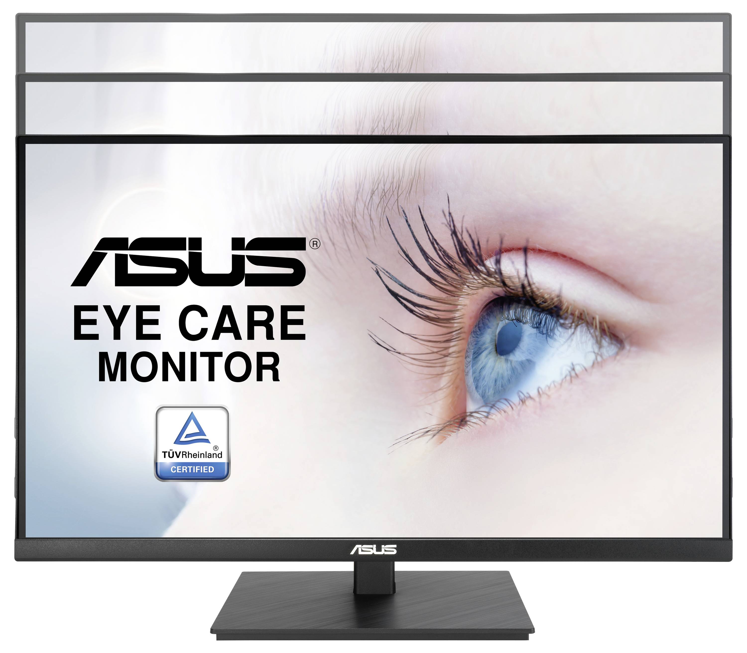 Een ASUS-monitor die een afbeelding van een menselijk oog weergeeft met de tekst 'ASUS Eye Care Monitor' en een TUV Rheinland-certificeringslogo.
