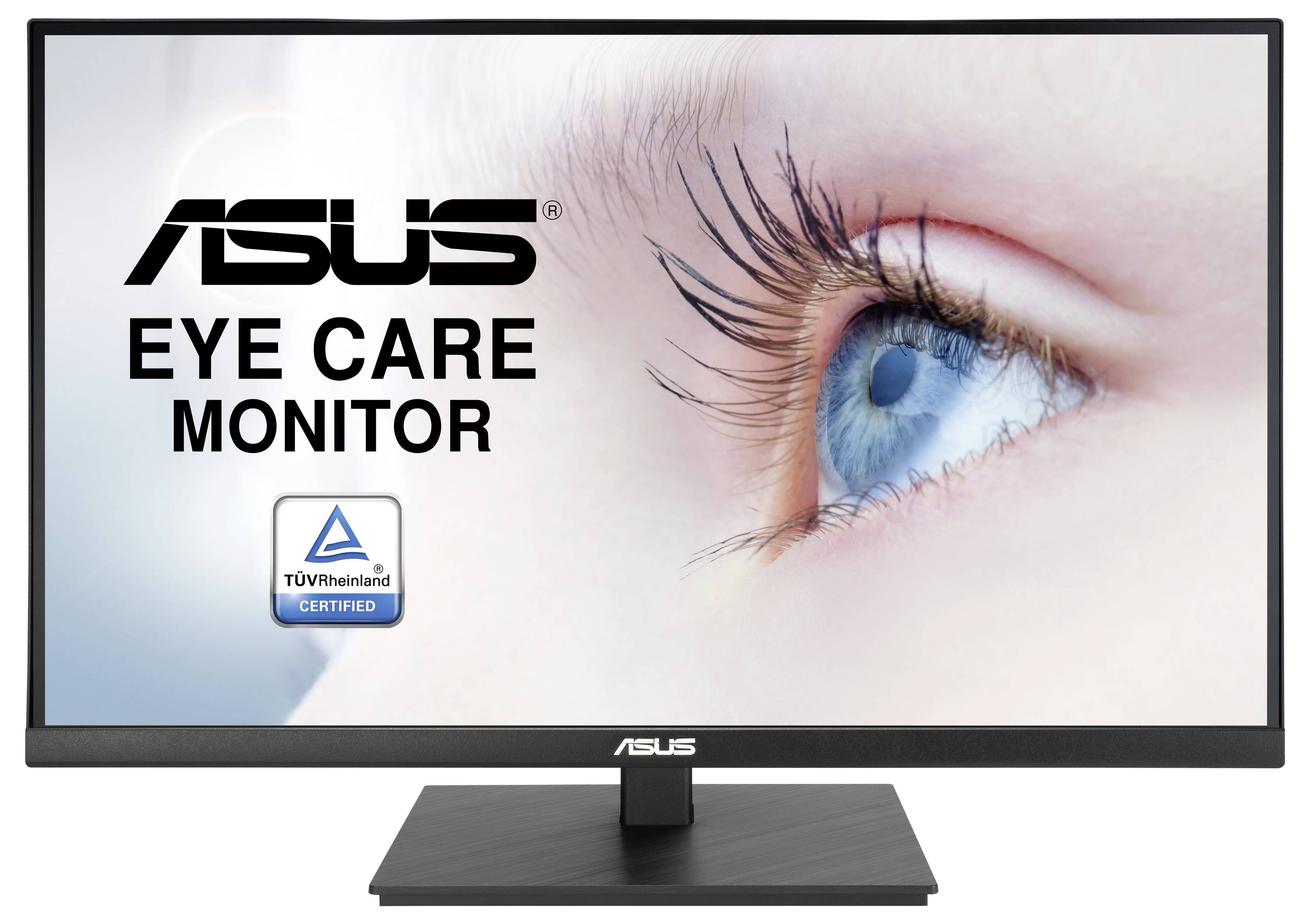Een computermonitor die een close-up van een oog op het scherm weergeeft, met tekst die 'ASUS Eye Care Monitor' en 'TÜV Rheinland Certified' aan de linkerkant leest.