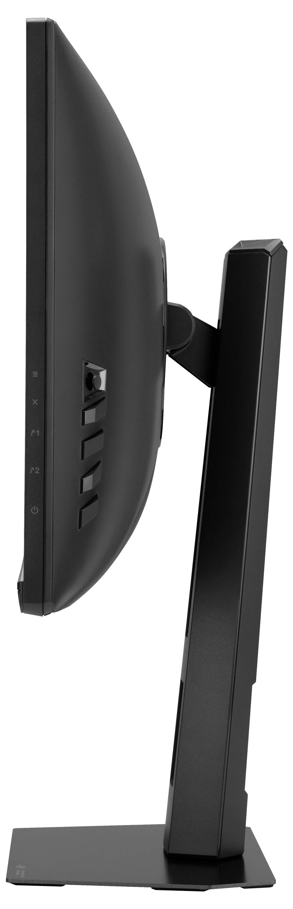 Zijkant van een flatscreen computermonitor met zwart standaard, waarop poorten en ventilatieopeningen aan de zijkant zichtbaar zijn.
