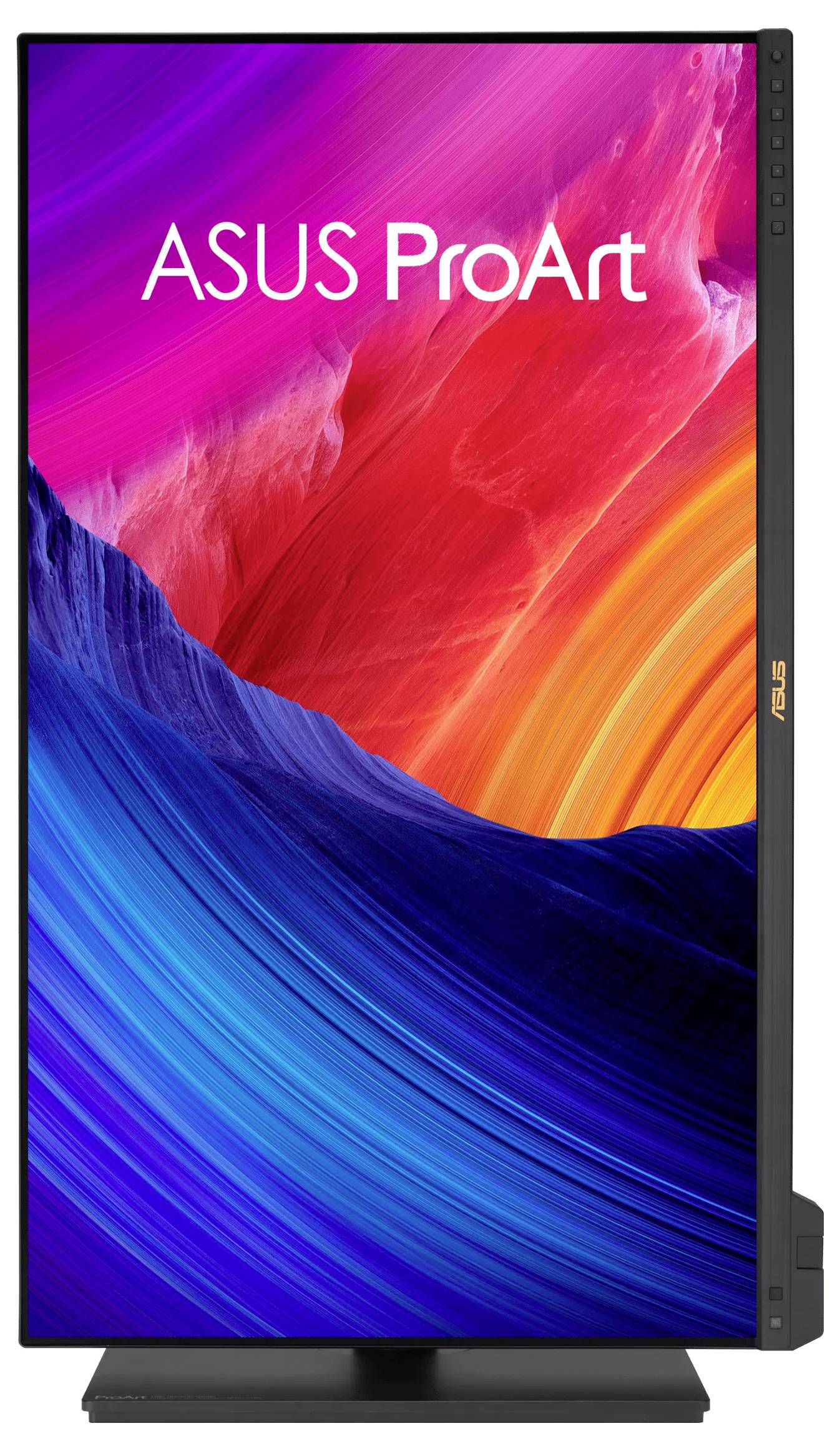 Een verticaal georiënteerde ASUS ProArt-monitor met een levendige abstracte achtergrond van wervelende rode, roze, oranje en blauwe tinten.