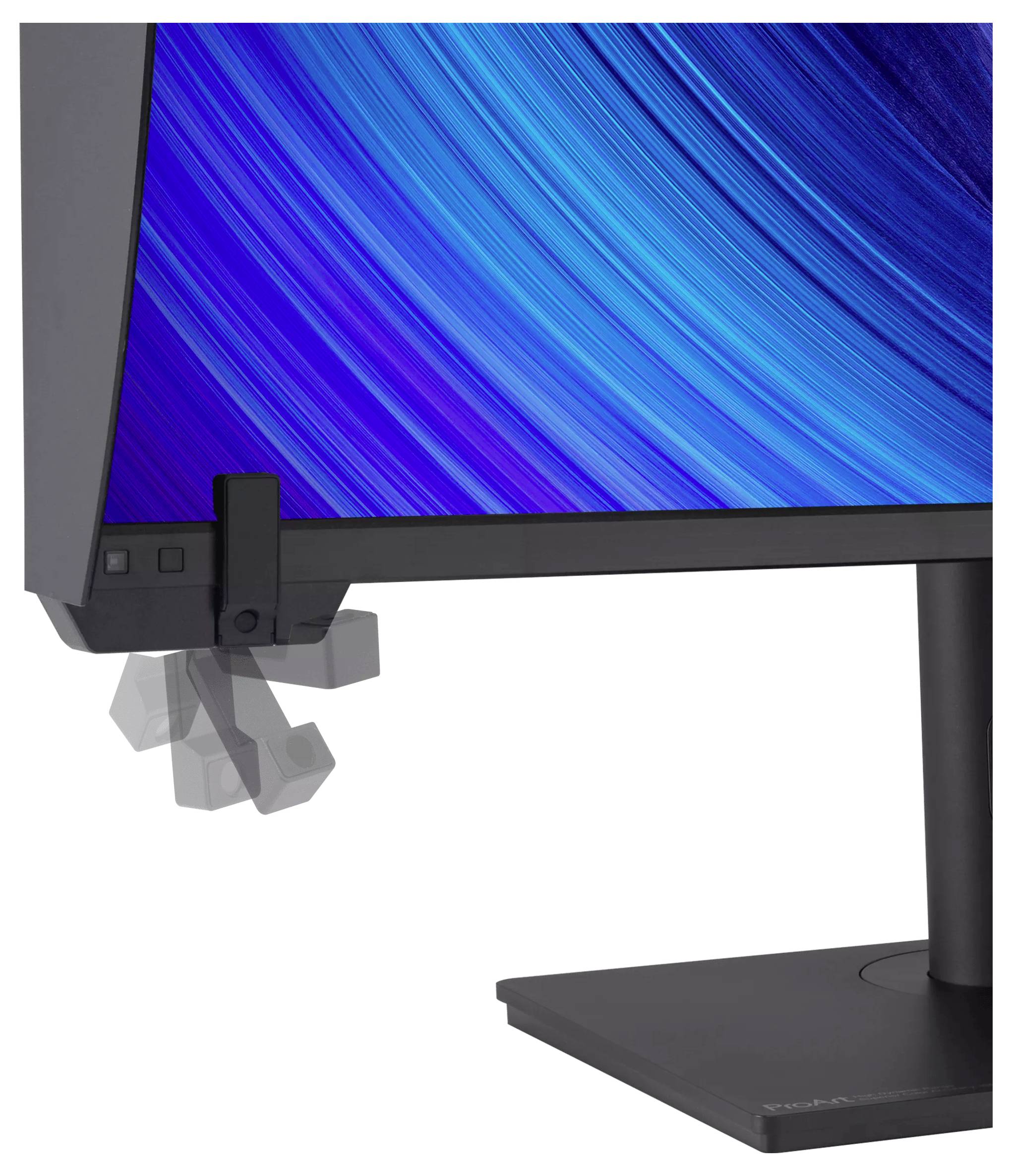 Een slanke zwarte desktopmonitor met een levendige blauwe schermweergave, die een zwaaigebaar-animatie toont, wat aangeeft dat deze aanraakfunctionaliteiten heeft.