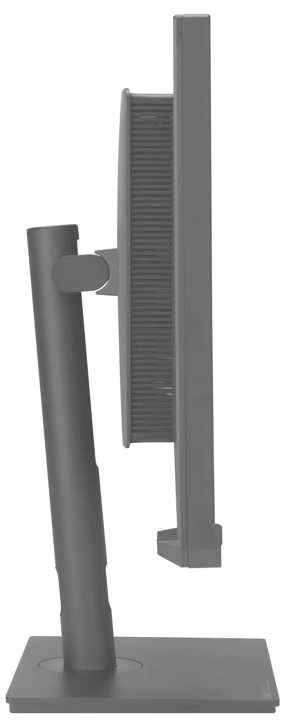 Een zijdeaanzicht van een platte computermonitor op een standaard, die het slanke ontwerp en de verstelbare hoogte-functie toont.