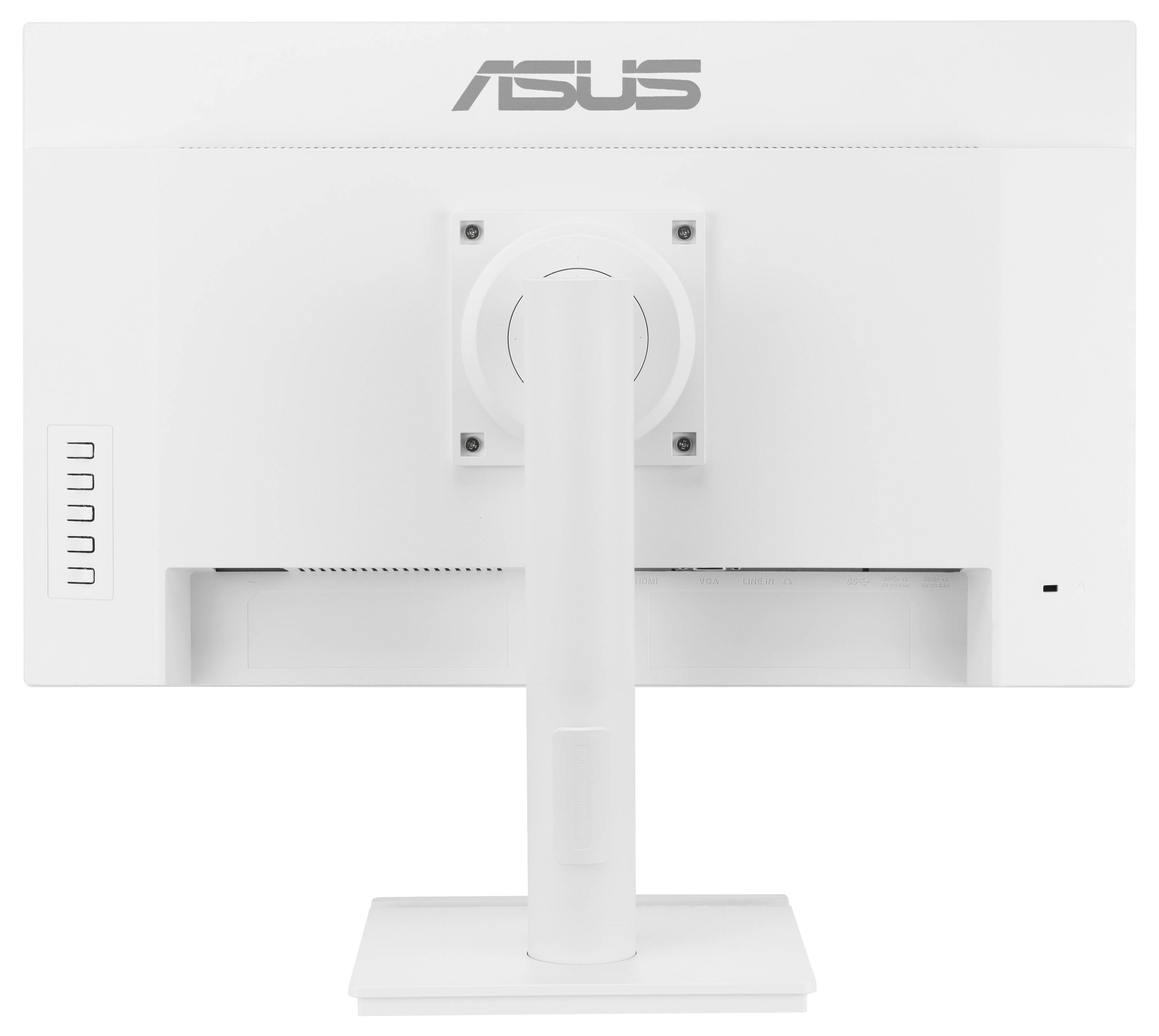 Een witte computermonitor gezien van achteren, met het merk logo bovenaan en een centraal ondersteuningsstander.