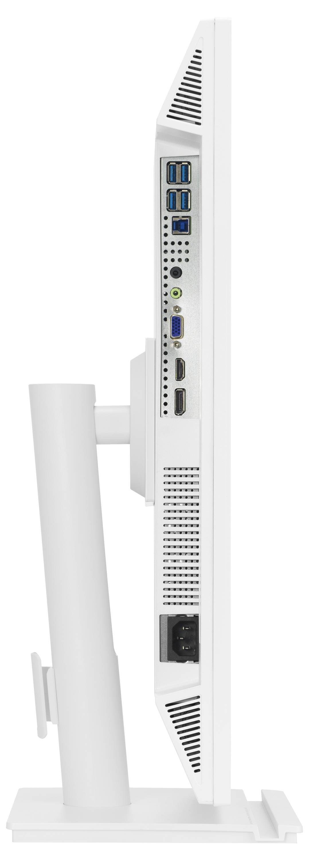 Zijaanzicht van een witte computermonitor met verschillende poorten waaronder USB, HDMI en audiojacks op het achterpaneel.