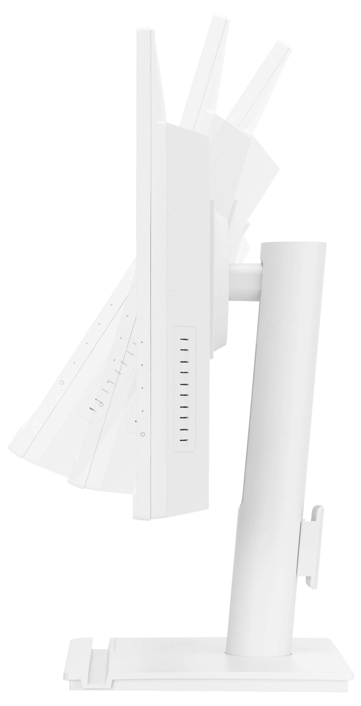 Zijaanzicht van een witte computermonitor op een standaard, met verstelbare kantelposities.