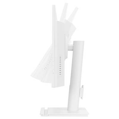 Zijaanzicht van een witte computermonitor op een standaard, met verstelbare kantelposities.