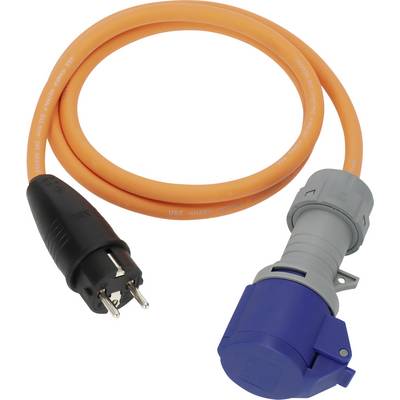 Oranje stroomkabel met zwarte stekker en blauw-grijze industriële connector op een witte achtergrond.