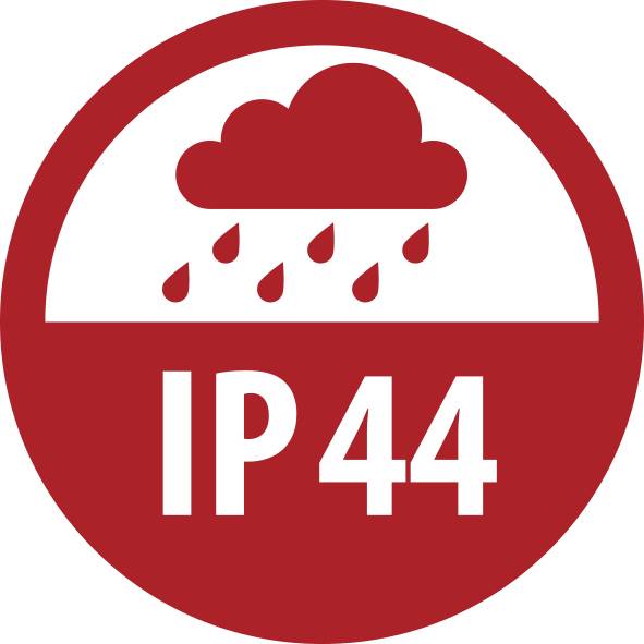 Rood IP44 waterdicht classificatiesymbool met een wolk en regendruppels boven de tekst 'IP44'.