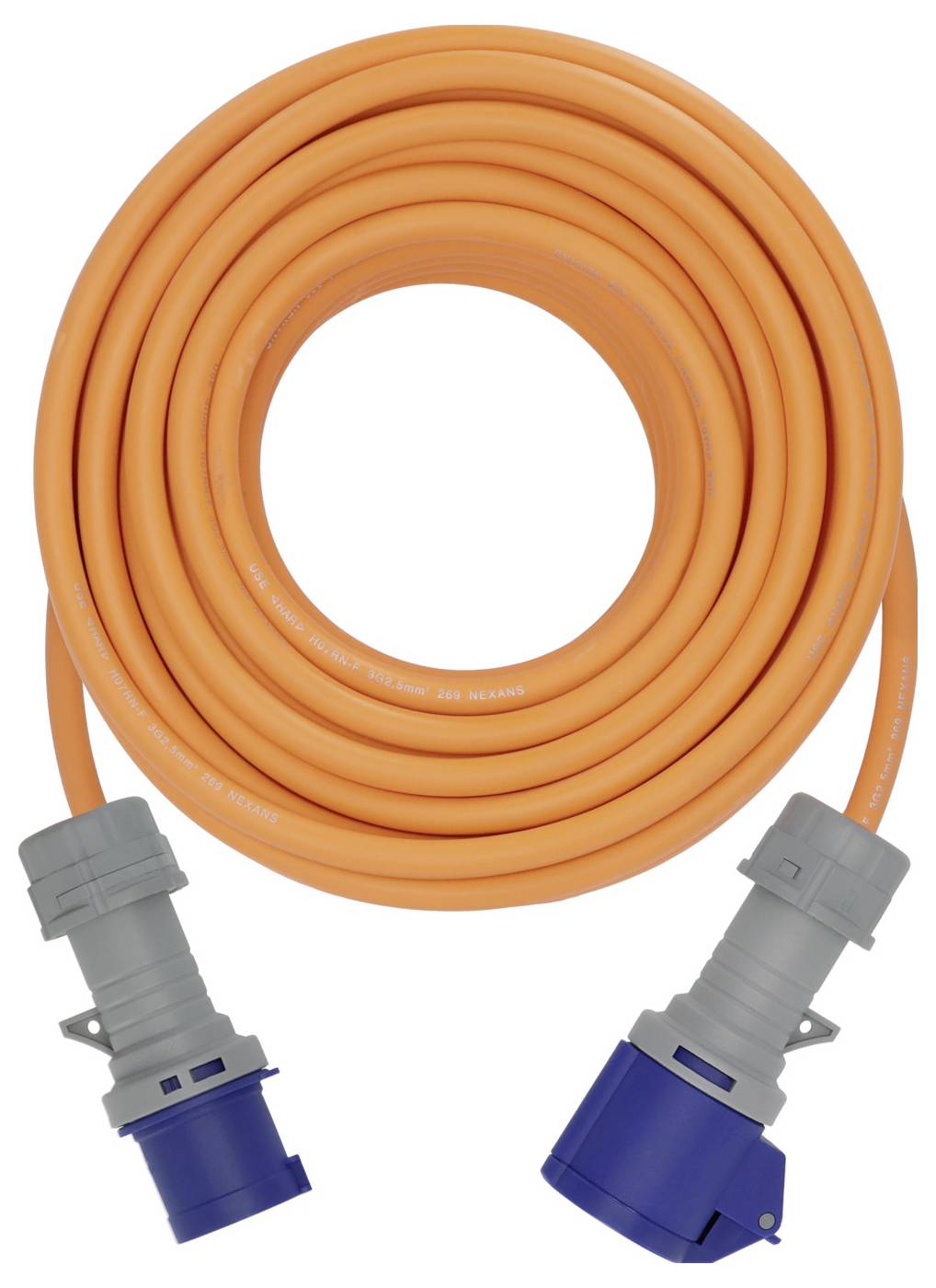 Opgerolde oranje stroomkabel met grijze en blauwe industriële stekkerconnectoren aan beide uiteinden, weergegeven op een witte achtergrond.