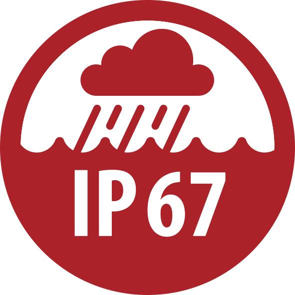 Rood rond IP67-waarderingspictogram met een wolk- en regensymbool, dat stofdiepte bescherming en waterbestendigheid voor korte onderdompeling aangeeft.