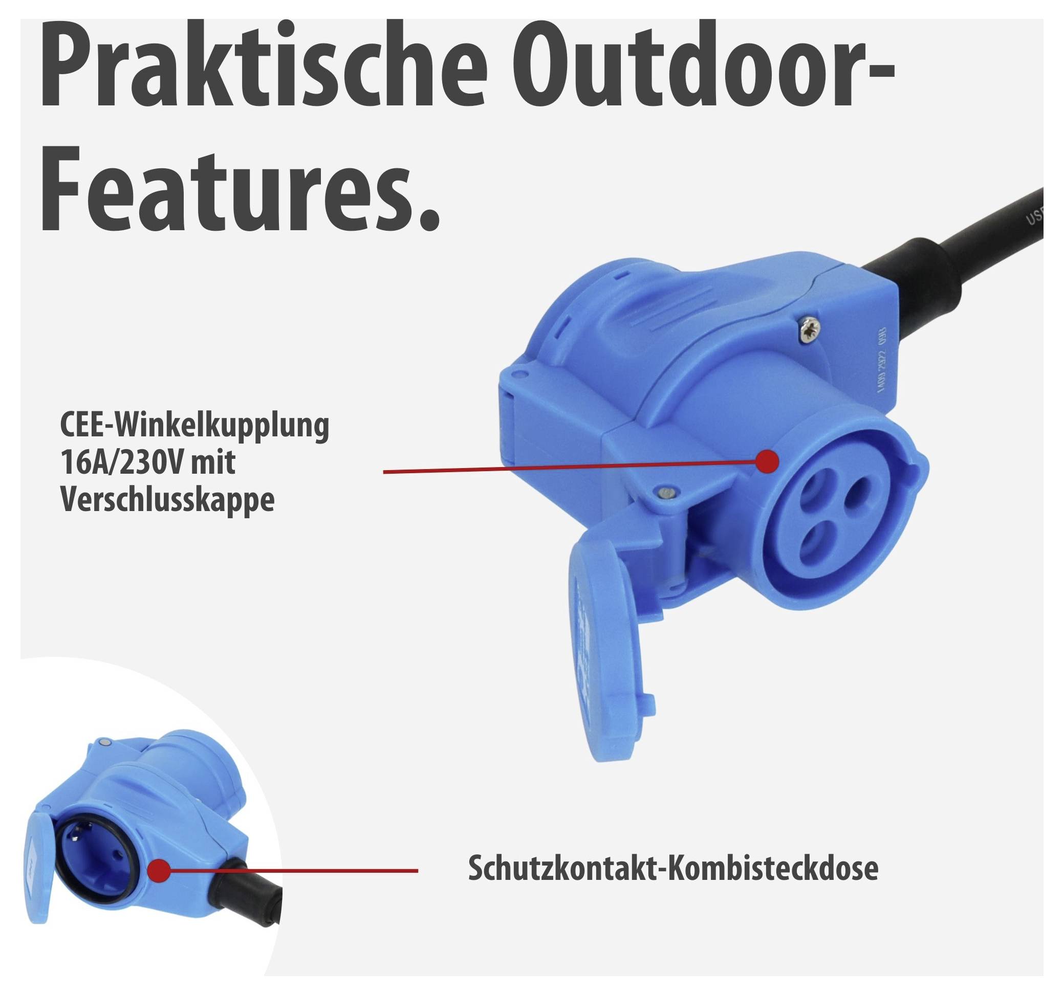 Advertentiefoto van een blauwe CEE-hoekstekker 16A/230V met dop en aardingscontactdoos, aangeduid als 'Praktische buitenfeatures'.