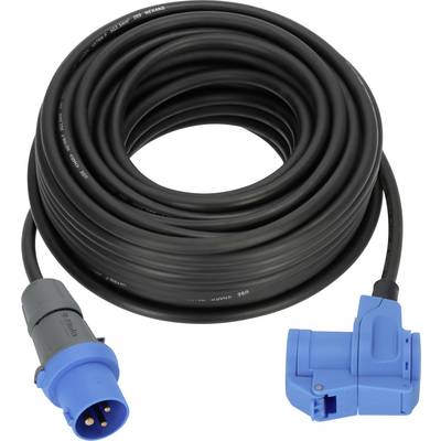 Opgerold zwart stroomkabel met blauwe industriële connectoren aan elk uiteinde, weergegeven op een witte achtergrond.