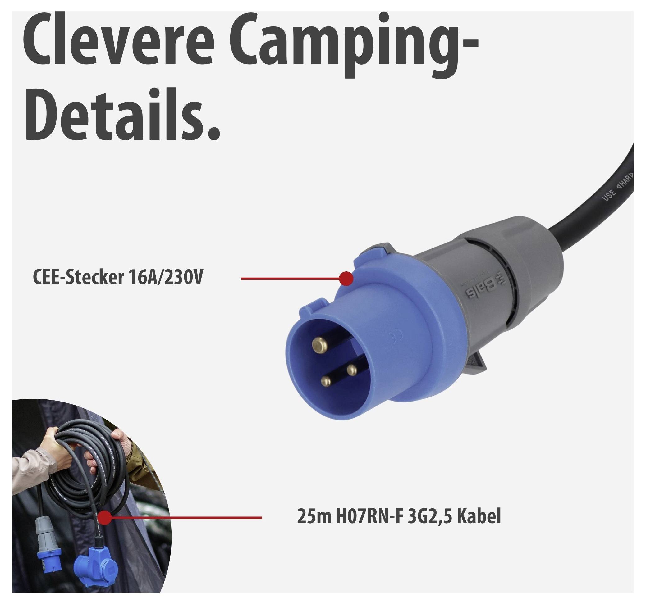 Advertentieafbeelding met blauwe CEE-stekker 16A/230V en 25 m H07RN-F 3G2,5 kabel; onderaan toont een klein foto de opgerolde kabel in gebruik.