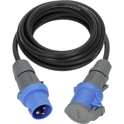 Opgerolde zwarte elektrische kabel met blauwe en grijze industriële stekkerconnectoren aan beide uiteinden.