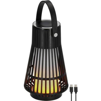 Zwarte oplaadbare lantaarn met handvat, verticale latten en warm gloeiend licht binnenin; USB-oplaadkabel ernaast weergegeven.