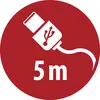Rood rond bord met een wit USB-kabel icoon en de tekst '5 m', dat aangeeft dat het een 5 meter USB-kabel betreft.