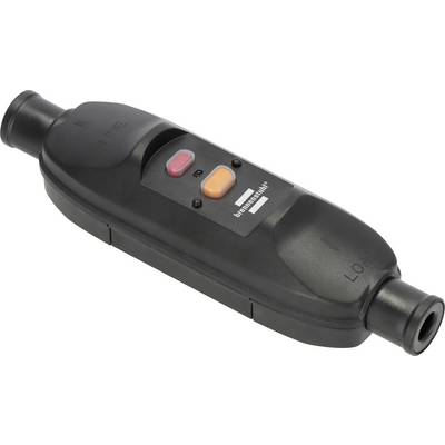 Zwart inline apparaat met slangverbindingen aan beide uiteinden en rode/oranje knoppen, waarschijnlijk een afstandsbediening of schakkelmodule.