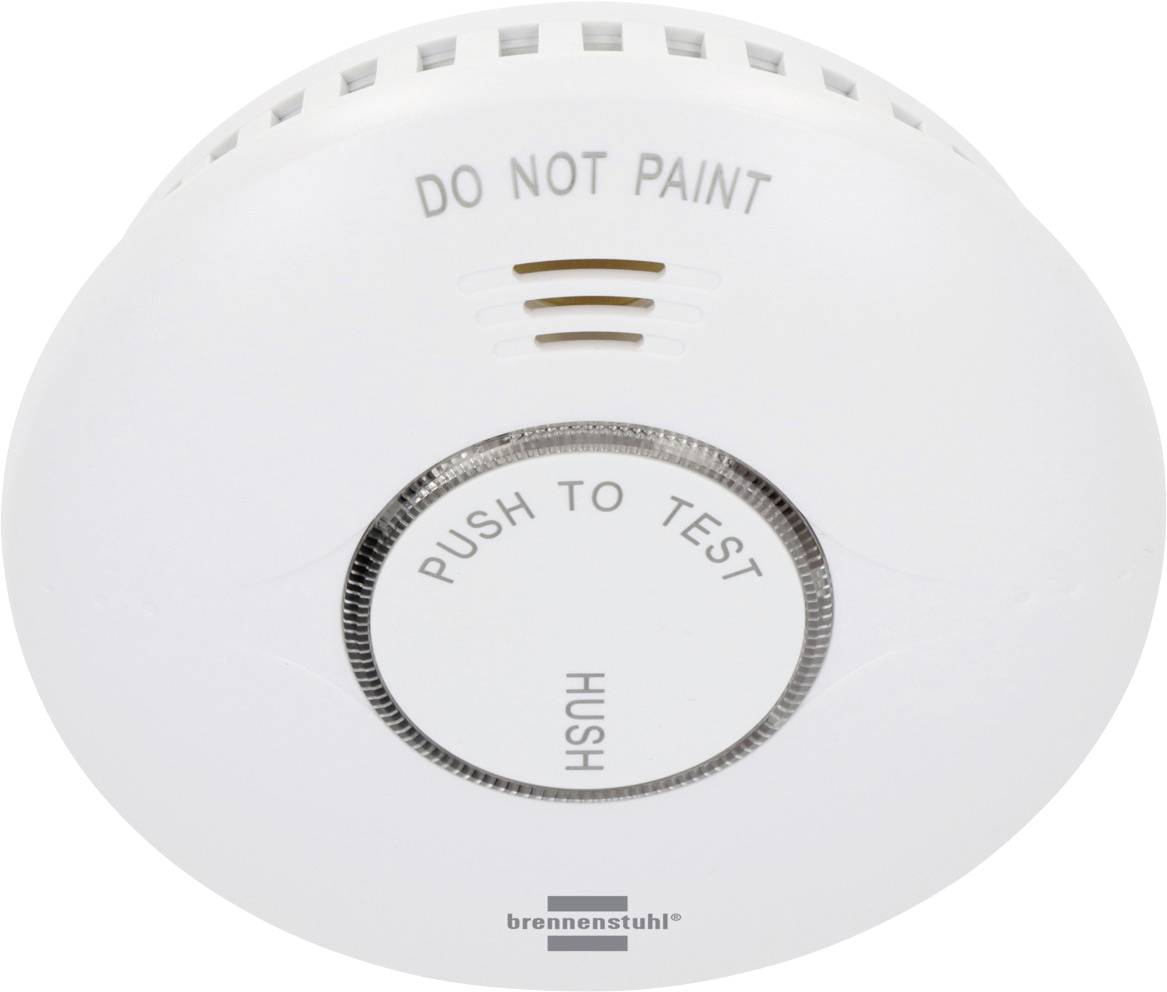 Witte plafond rookmelder met 'DO NOT PAINT' label en een centrale 'PUSH TO TEST' knop, merk 'brennenstuhl' onderaan.