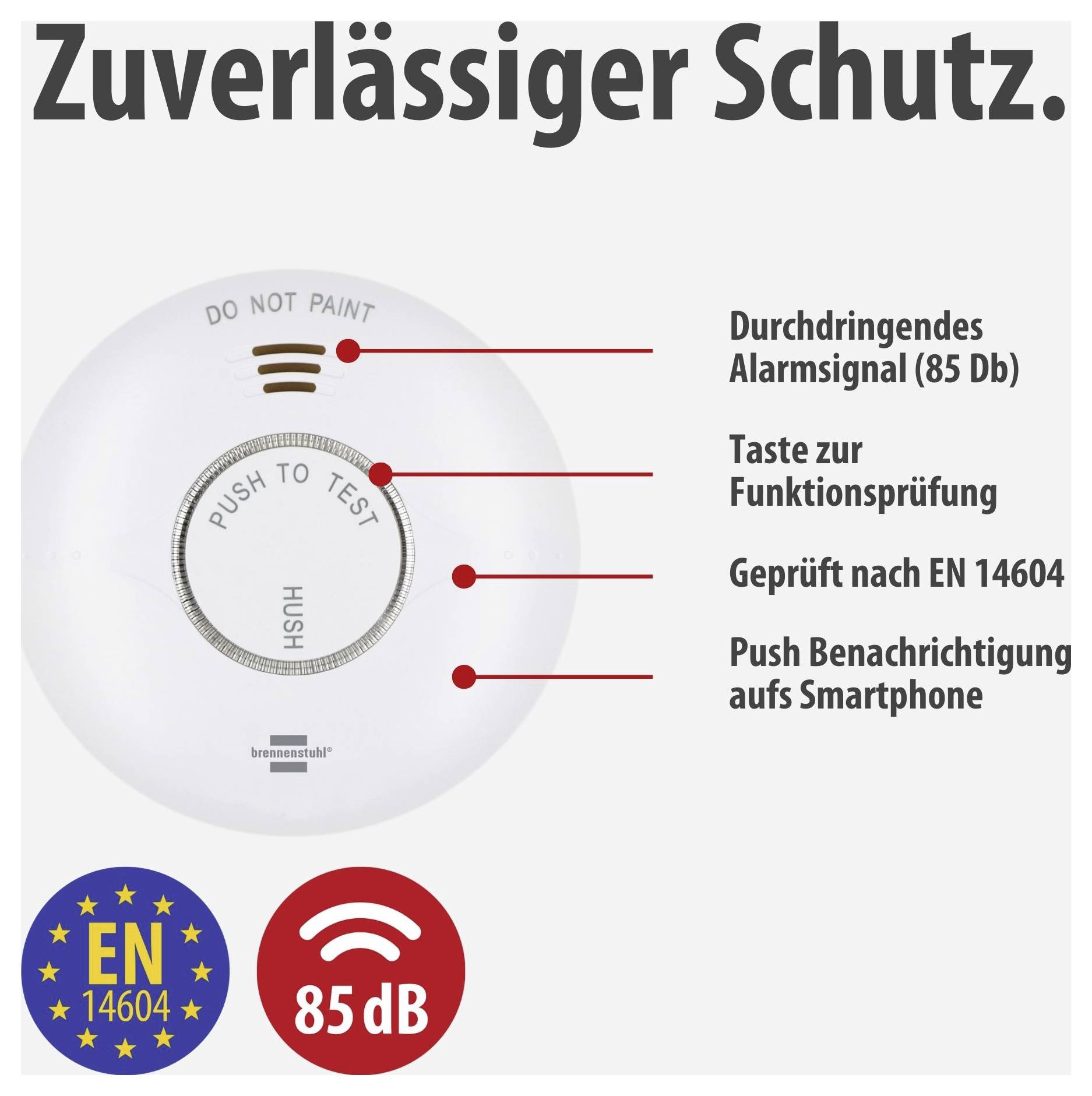 Rookmelder met 'Betrouwbare bescherming': Alarmsignaal 85 dB, testknop, EN 14604 getest en push-melding op smartphone.