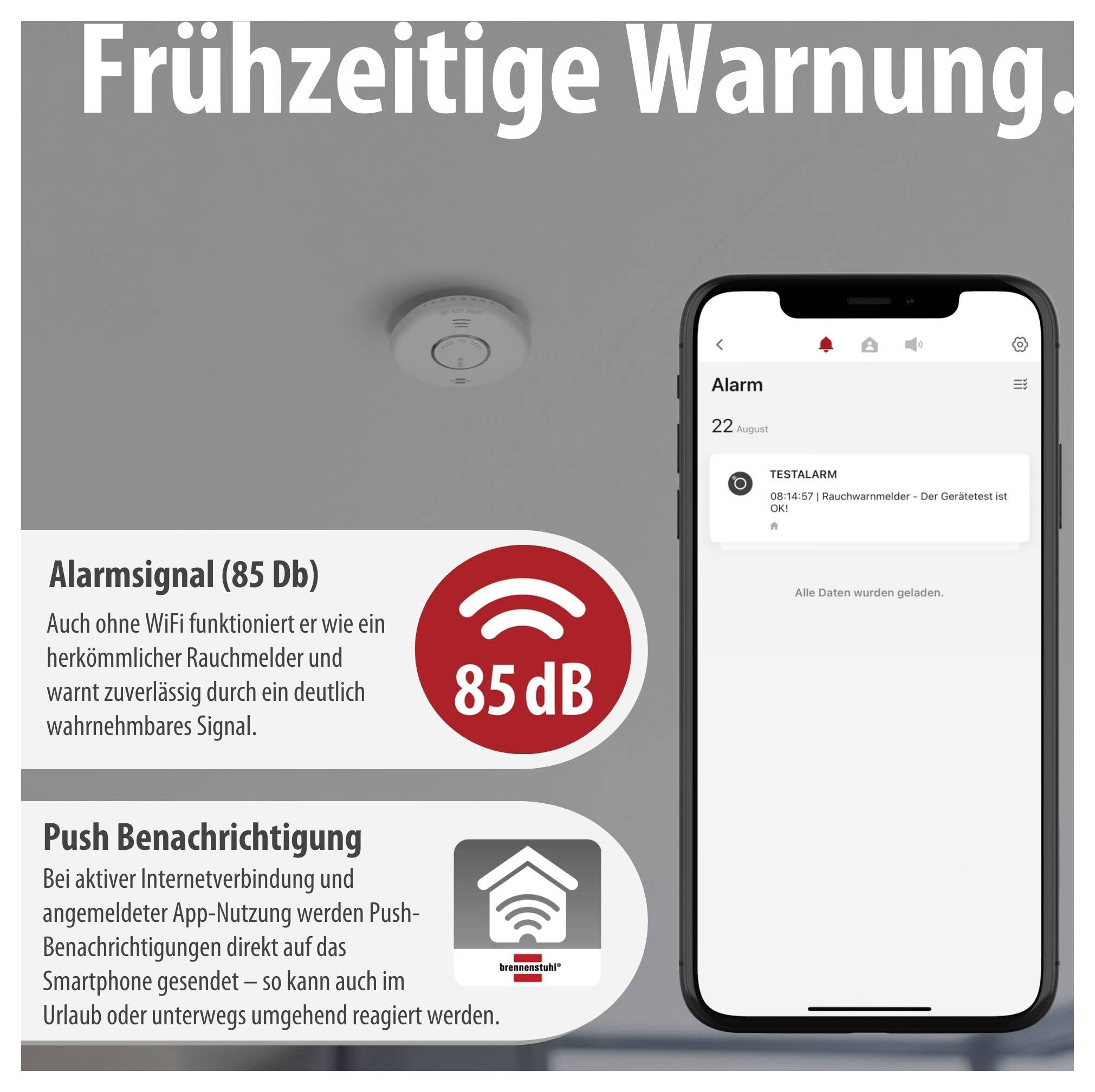 Reclame-afbeelding voor een rookmelder: "Vroege waarschuwing"; Alarm met 85 dB zonder WLAN, Push-melding via app en weergave van testalarm op smartphone.