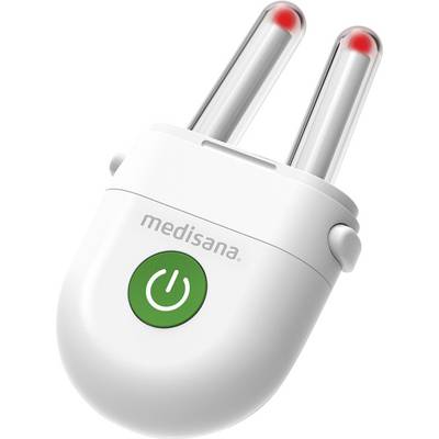 Een wit elektronisch apparaat met twee metalen pennen en een groen aan/uit-knop, gelabeld 'medisana'. De pennen hebben rood gekleurde uiteinden.