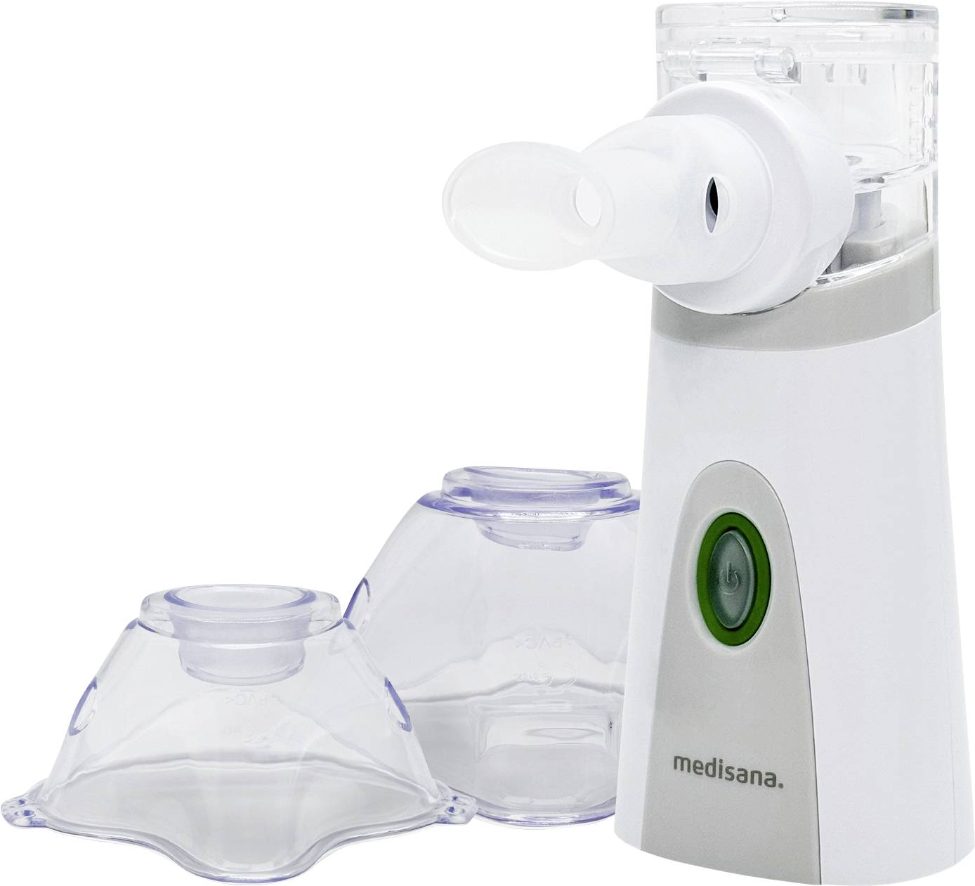 Een witte handheld vernevelaar met een mondstuk en twee verwisselbare maskerbevestigingen staat op een wit oppervlak, ontworpen voor ademhalingsbehandelingen.