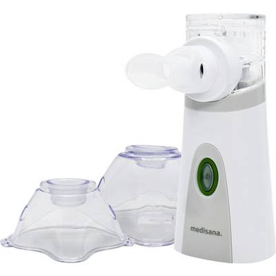 Een witte handheld vernevelaar met een mondstuk en twee verwisselbare maskerbevestigingen staat op een wit oppervlak, ontworpen voor ademhalingsbehandelingen.