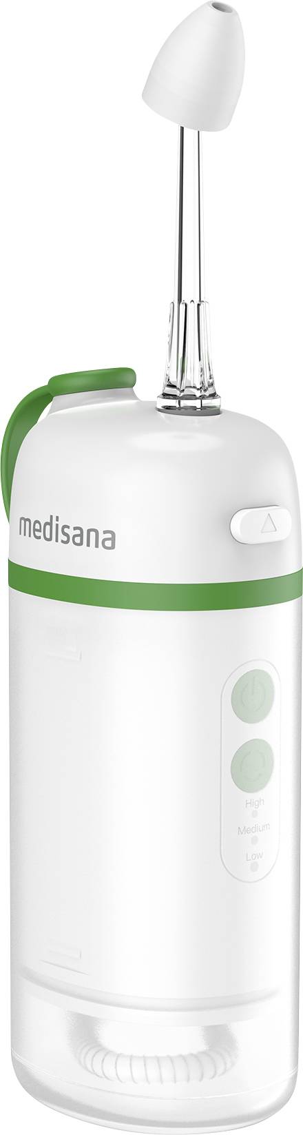 Draagbare monddouche met een wit en groen ontwerp, voorzien van een cilindrische watertank, uitneembare mondstuk en bedieningsknoppen aan de zijkant.