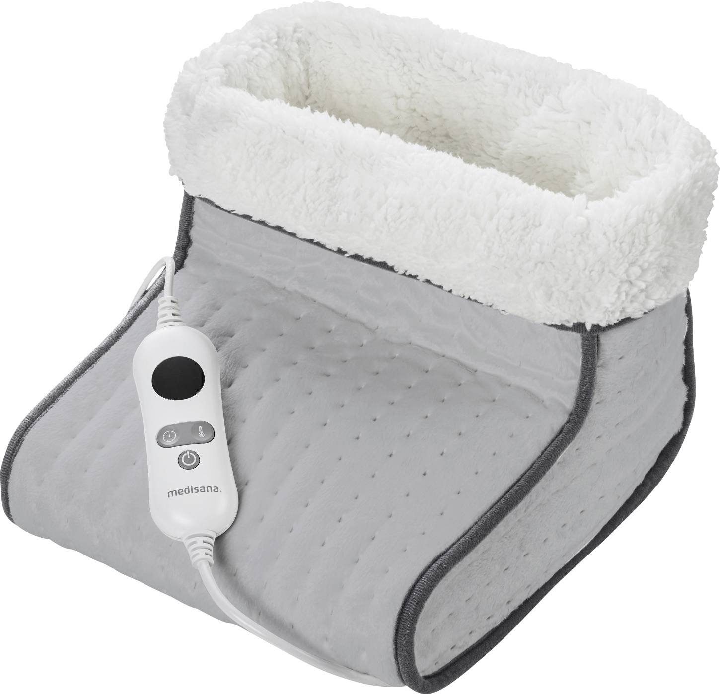 Elektrische voetverwarmer in grijs textiel met fluffy witte voering, voorzien van een afstandsbediening die met een snoer is bevestigd.