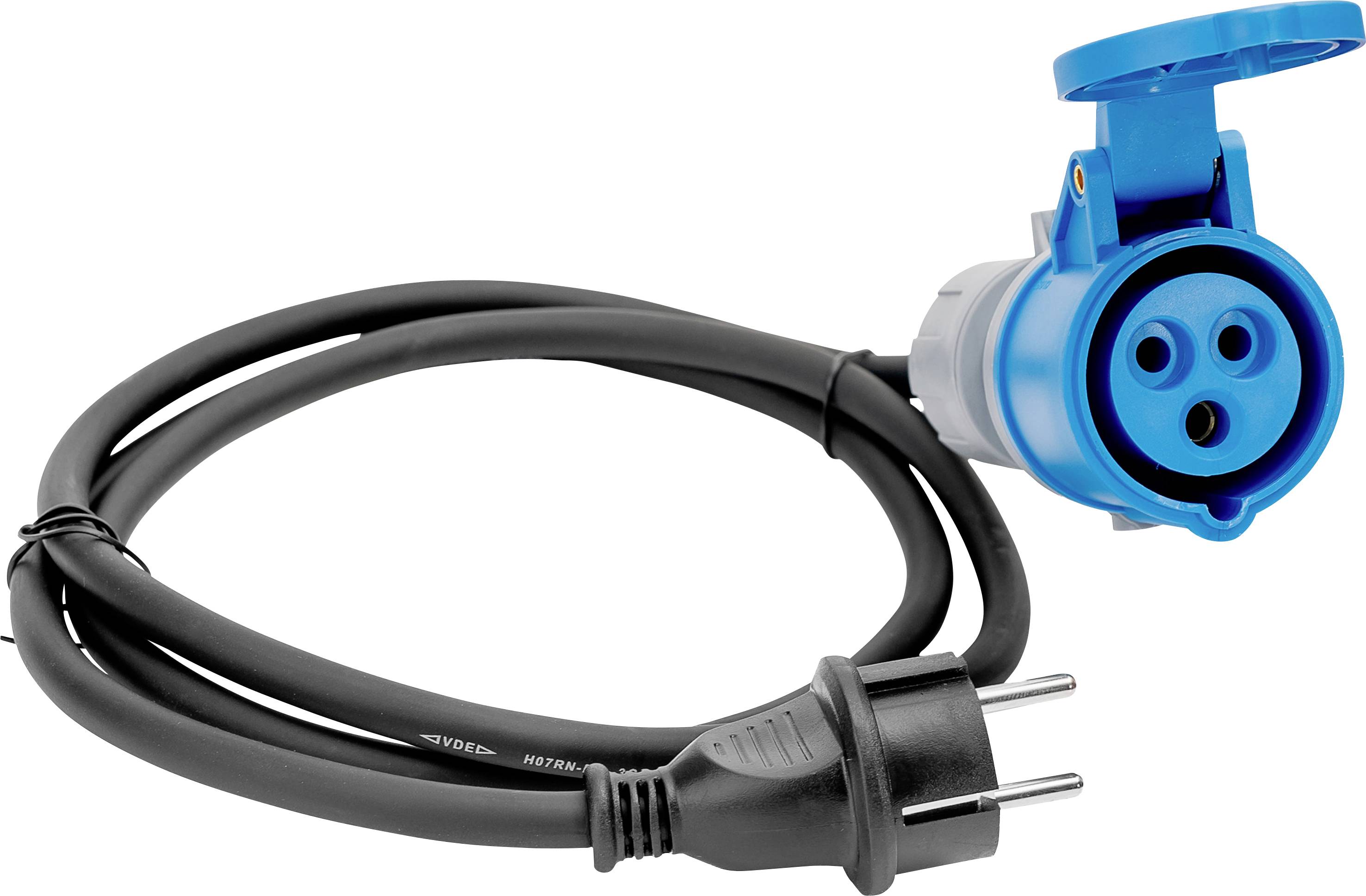 Een blauw en zwart elektrisch voertuigoplaadkabel met een stekker en contactdoos, gebruikt voor het aansluiten van elektrische voertuigen op stroombronnen.