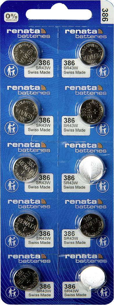 'Blisterstrip met 10 Renata 386 horlogebatterijen, 1,55V, Zwitsers fabrikaat.'
