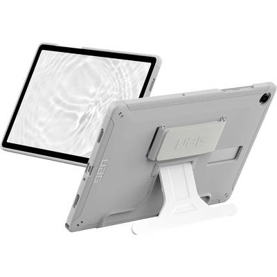 Een tablet in een beschermende hoes met standaard, die een waterrimpeleffect op het scherm toont, wat het ontwerp en de functionaliteit van de tablet demonstreert.