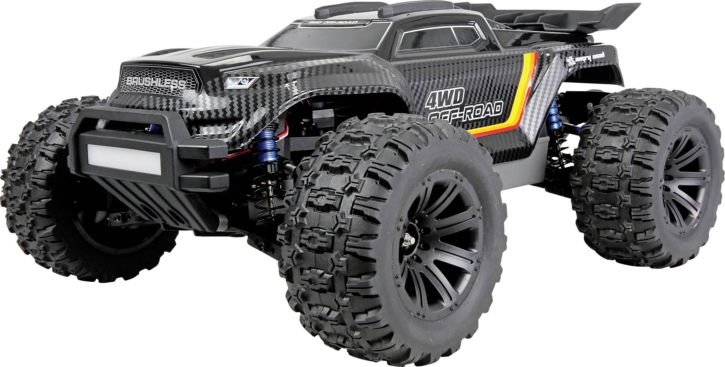 Een zwart-gele afstandsbediening terreinwagen met grote gestructureerde banden en '4WD Offroad'-tekst op de zijkant, ontworpen voor robuust terrein.