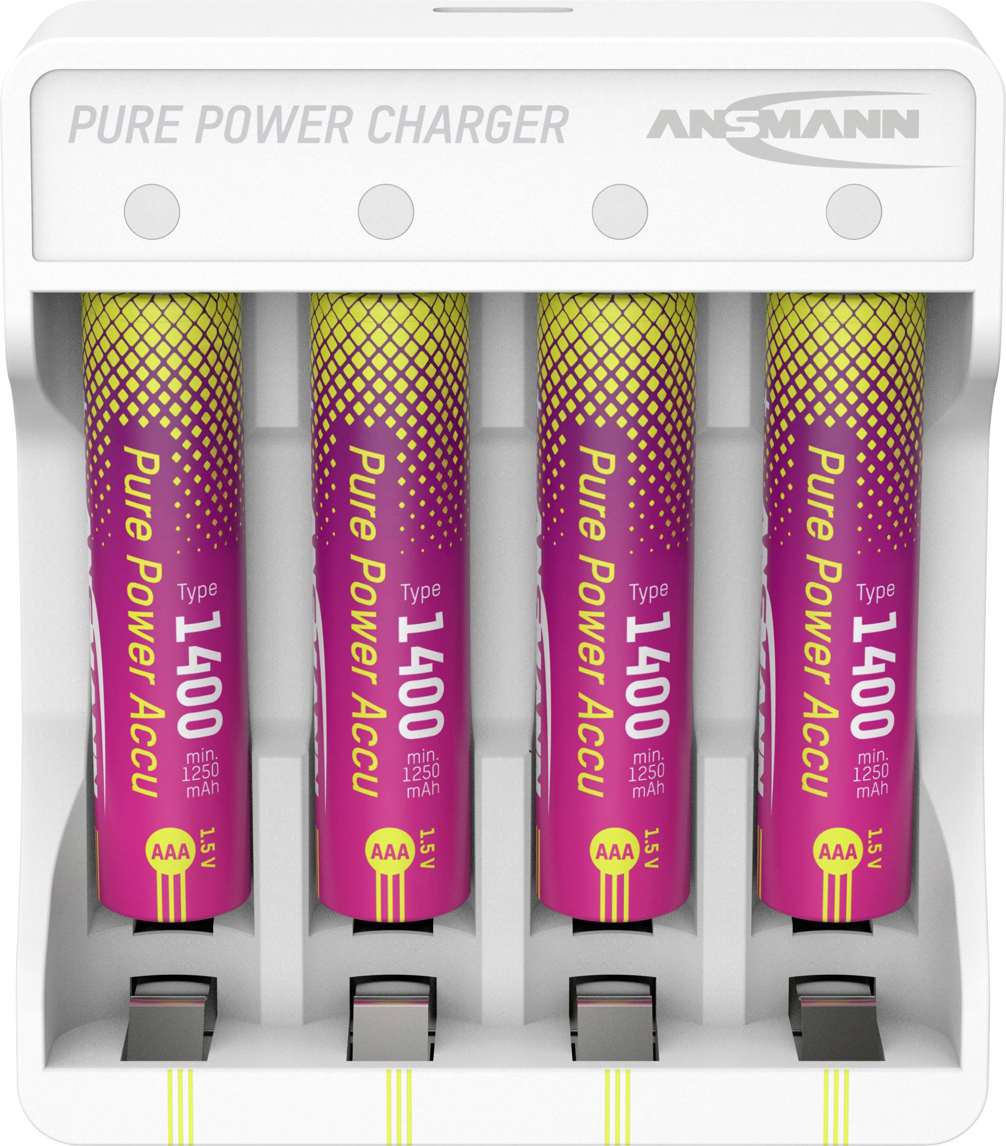 Vier AAA-batterijen in een witte Ansmann Pure Power Charger. De batterijen zijn gelabeld met '1400 mAh' en 'Pure Power Accu'.