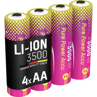 'Vier AA lithium-ion batterijen met tekst: LI-ION 3500, German Quality Check, Pure Power/Accu, Type 3500.'