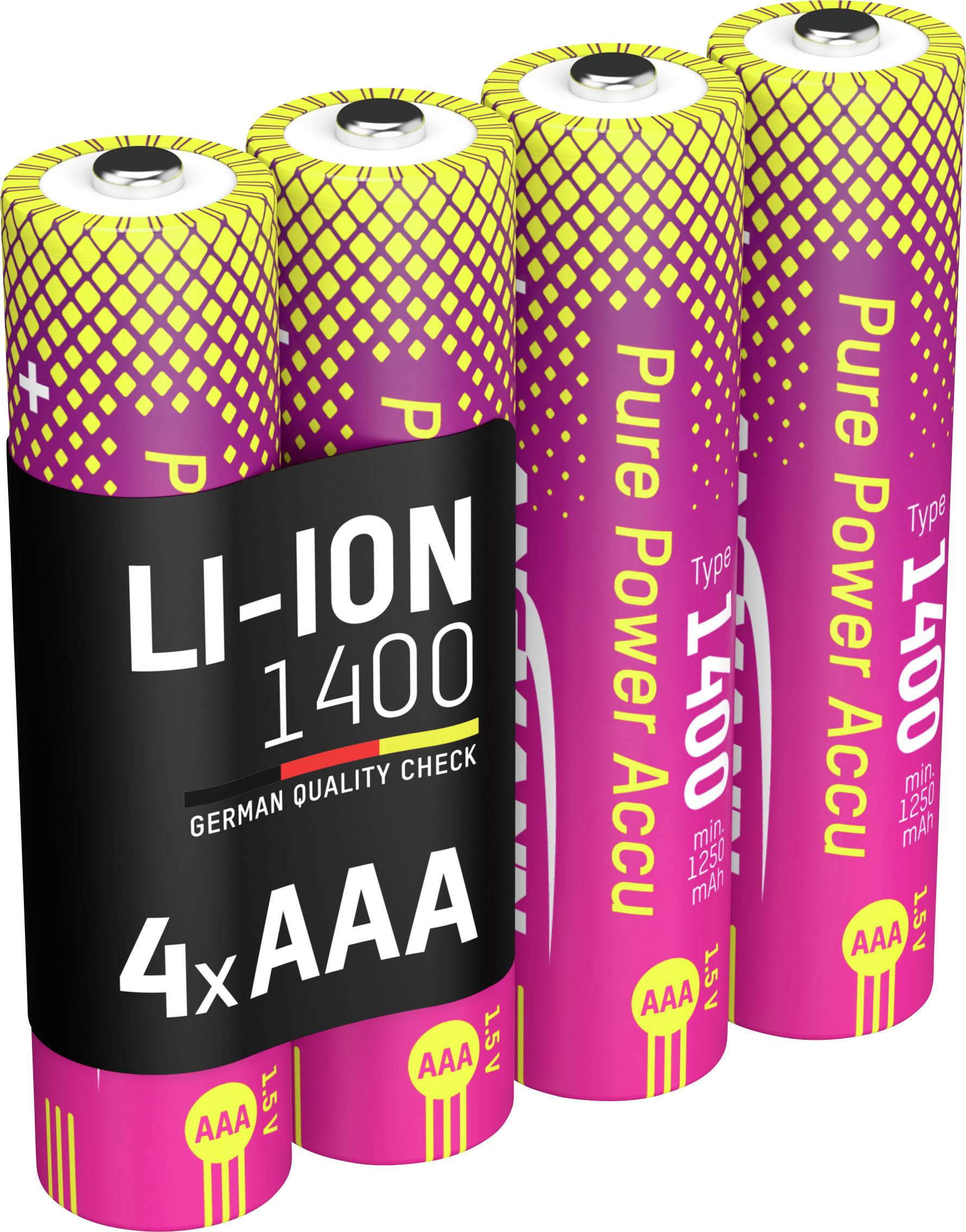 'Vier roze en gele AAA lithium-ion batterijen gelabeld als LI-ION 1400, Pure Power Accu, elk met een capaciteit van 1250mAh.'