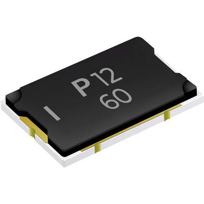 Een elektronische component gelabeld 'P12 60', lijkend op een zwarte chip met metalen contacten op een witte achtergrond.