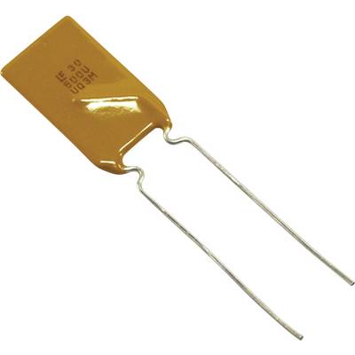 Een oranje elektronisch onderdeel, mogelijk een thermistor of weerstand, met twee metalen aansluitdraden die naar beneden uitsteken, gebruikt in elektrische schakelingen.