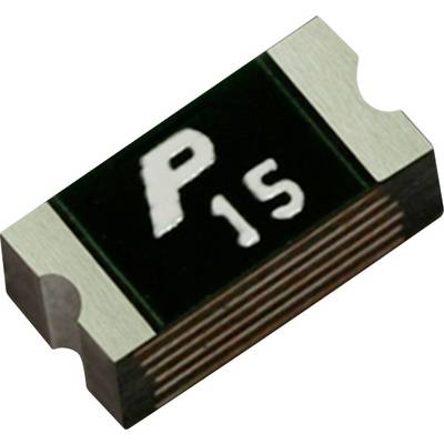 Een close-up van een klein elektronisch onderdeel, waarschijnlijk een weerstand, met een letter 'P' en het getal '15' op het oppervlak gedrukt.