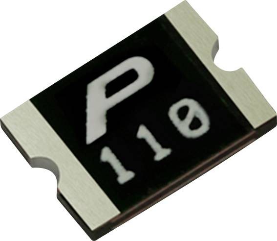 Een zwart rechthoekig elektronisch onderdeel met metalen randen en witte markeringen: 'P 110'.