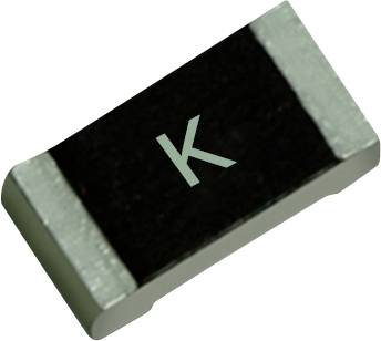 Een klein elektronisch component in zwart en zilver, rechthoekig van vorm met een 'K' gedrukt op het bovenvlak.