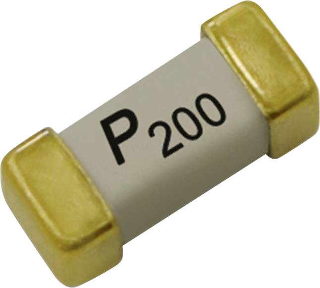Een kleine cilindrische elektronische component met opschrift 'P 200', met goudkleurige uiteinden, gebruikt voor circuitbeveiliging.