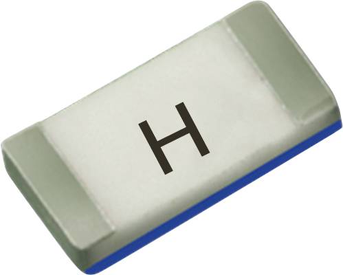 Een klein, rechthoekig onderdeel met een grijs lichaam en blauwe onderkant, voorzien van de letter 'H' in zwart op het oppervlak.